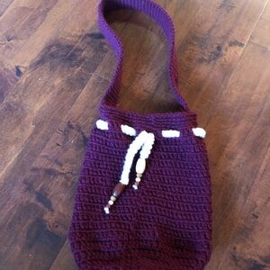 Boho Burgundy tote hand bag or purse with drawstring.